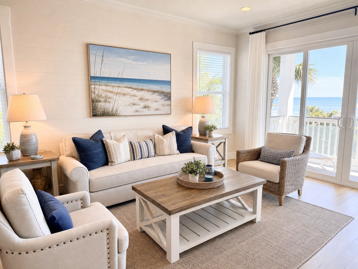 Bright coastal living room after cleaning